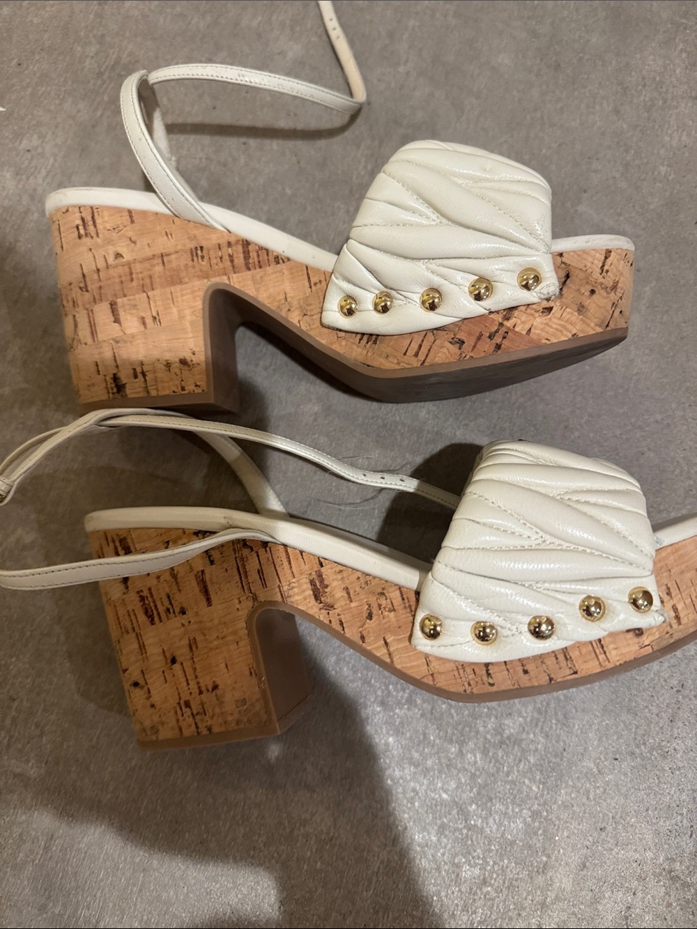 Miu Miu Cream Quilted Cork Wedge Sandals with Gold Logo - Picture 3 of 6